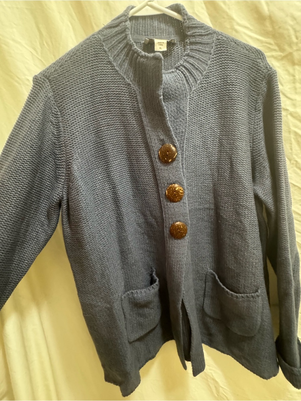 Coldwater Creek Slate Blue Knit Cardigan with Large Brown Buttons